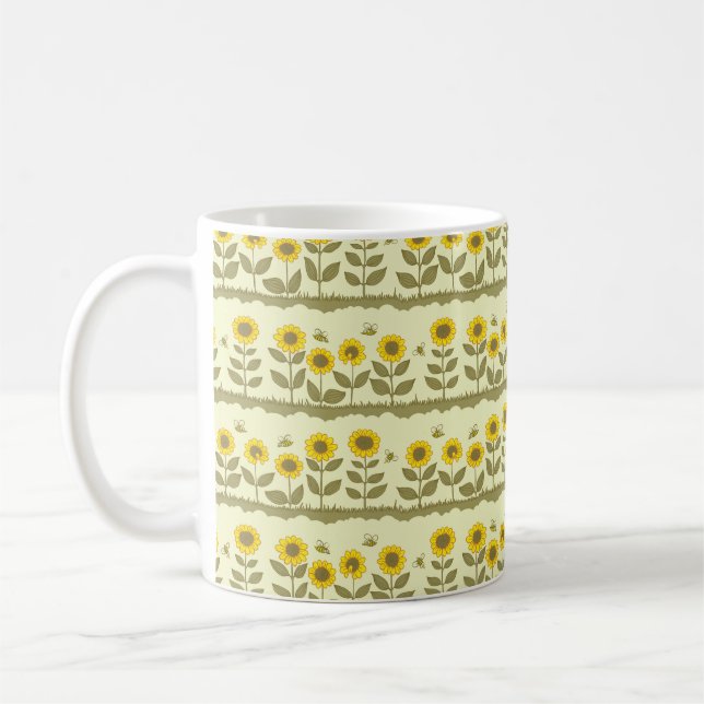 Cute sunflowers and bees seamless pattern coffee mug (Left)