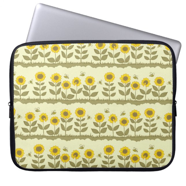 Cute sunflowers and bees seamless pattern laptop sleeve (Front)