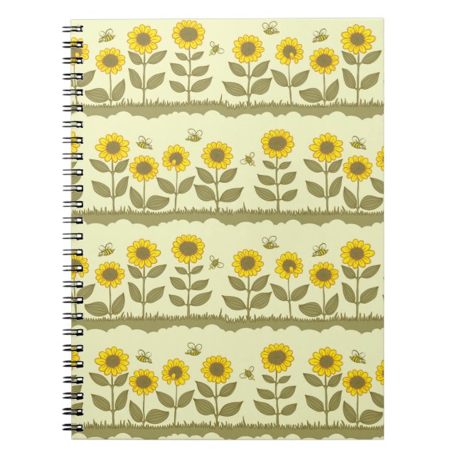 Cute sunflowers and bees seamless pattern notebook (Front)