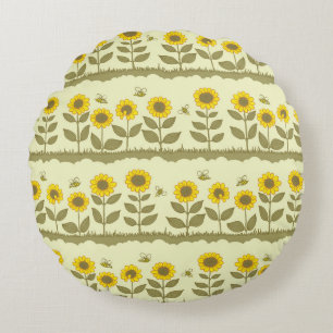 Cute sunflowers and bees seamless pattern round cushion