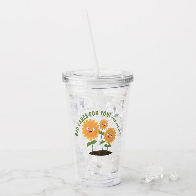 Cute sunflowers God cares bible scripture verse Acrylic Tumbler (Front Ice)