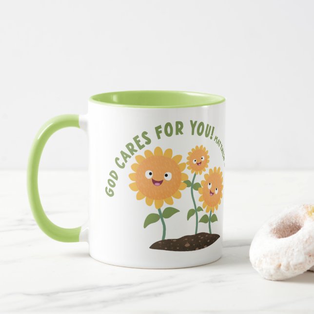 Cute sunflowers God cares bible scripture verse Mug (With Donut)