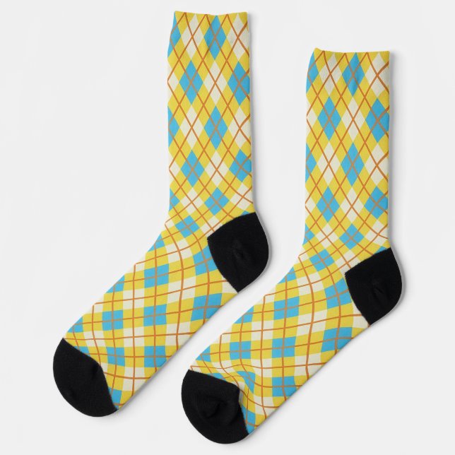 Cute Sunny Yellow and Blue Argyle Pattern Socks (Left)