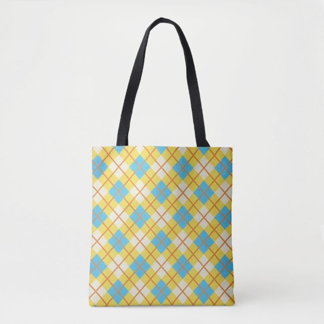 Cute Sunny Yellow and Blue Argyle Pattern Tote Bag (Front)