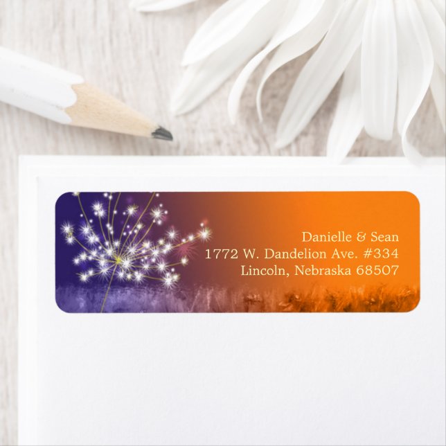 Cute Sunset Dandelion Wedding Return Address Label (Insitu)