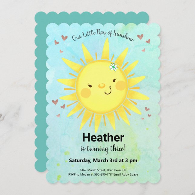 Cute Sunshine Girl Birthday Party Invitation (Front/Back)