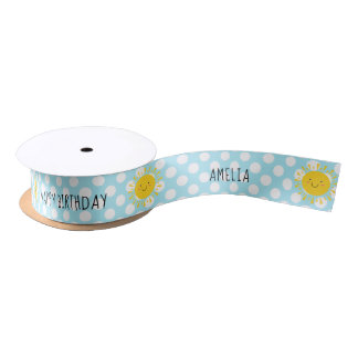 Cute Sunshine Happy Birthday Polka Dot Blue Satin Ribbon
