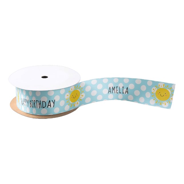 Cute Sunshine Happy Birthday Polka Dot Blue Satin Ribbon (Spool)