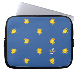 Cute Sunshine Happy Face Pattern Name Initial Blue Laptop Sleeve