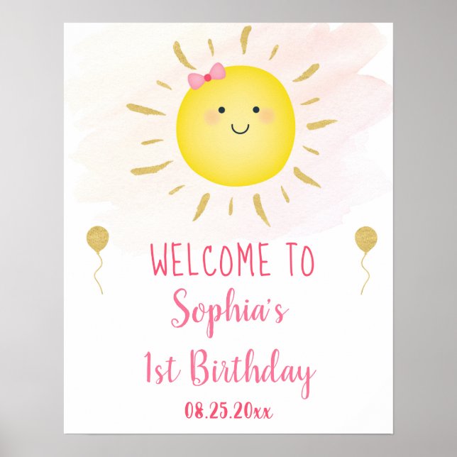 Cute Sunshine Pink & Gold Birthday Welcome Poster (Front)