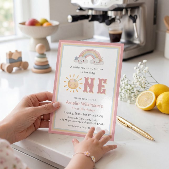 Cute Sunshine Rainbow ONE First Birthday  Invitation (Creator Uploaded)