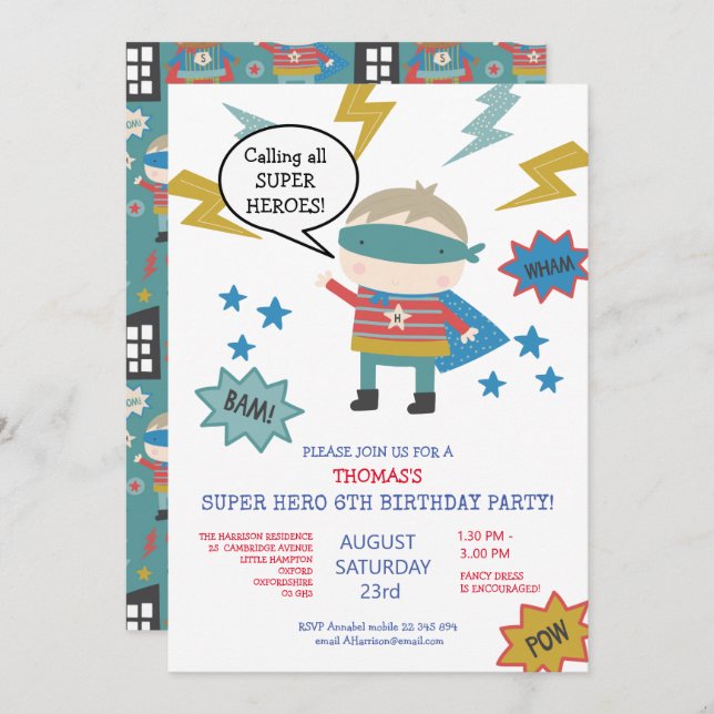 Cute super hero themed Children's Party Invitation (Front/Back)