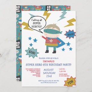 Cute super hero themed Children's Party Invitation