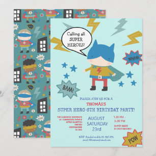 Cute super hero themed Children's Party Invitation