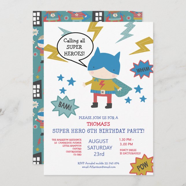Cute super hero themed Children's Party Invitation (Front/Back)
