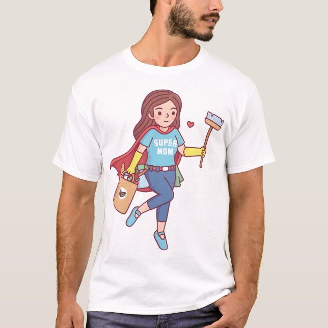 Cute Super Mom With Cleaning Tools and Groceries F T-Shirt (Front)