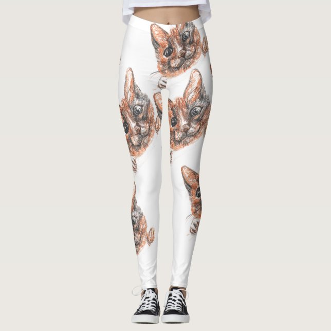 Cute Super Sweet Cat Face Drawing Leggings (Front)