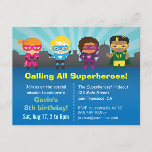 Cute Superhero Birthday Party Kids Invitations
