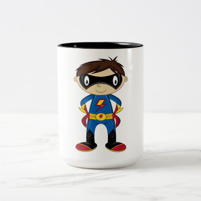 Cute Superhero Boy Two-Tone Coffee Mug (Center)