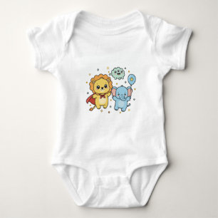 Cute Superhero Lion and Elephant Friends Cartoon Baby Bodysuit