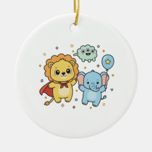 Cute Superhero Lion and Elephant Friends Cartoon Ceramic Ornament