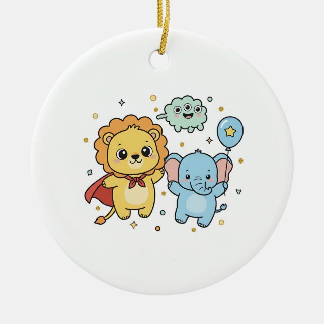 Cute Superhero Lion and Elephant Friends Cartoon Ceramic Ornament (Front)