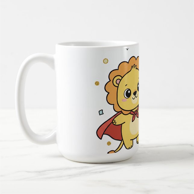 Cute Superhero Lion and Elephant Friends Cartoon Coffee Mug (Left)