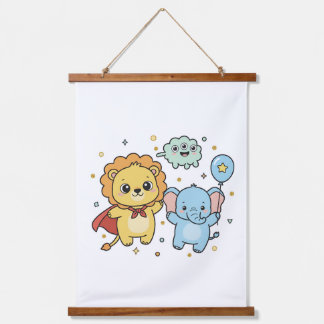 Cute Superhero Lion and Elephant Friends Cartoon Hanging Tapestry
