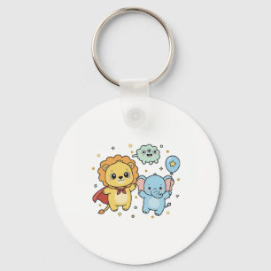 Cute Superhero Lion and Elephant Friends Cartoon Key Ring