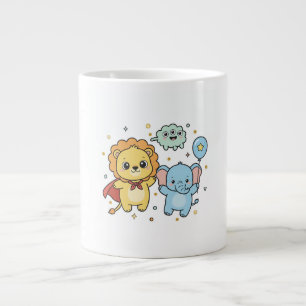 Cute Superhero Lion and Elephant Friends Cartoon Large Coffee Mug