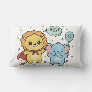 Cute Superhero Lion and Elephant Friends Cartoon Lumbar Cushion