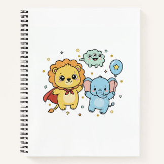 Cute Superhero Lion and Elephant Friends Cartoon Notebook