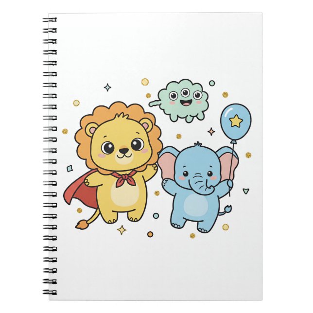 Cute Superhero Lion and Elephant Friends Cartoon Notebook (Front)