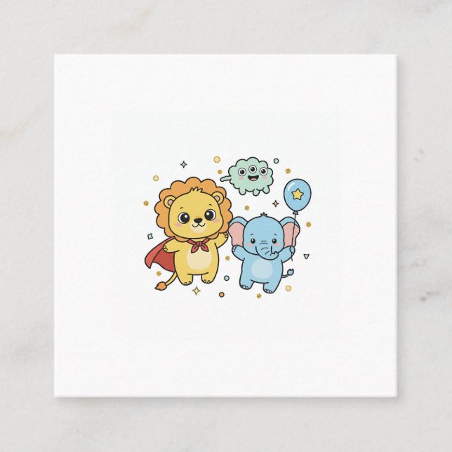 Cute Superhero Lion and Elephant Friends Cartoon Square Business Card (Front)