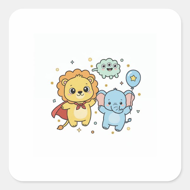 Cute Superhero Lion and Elephant Friends Cartoon Square Sticker (Front)