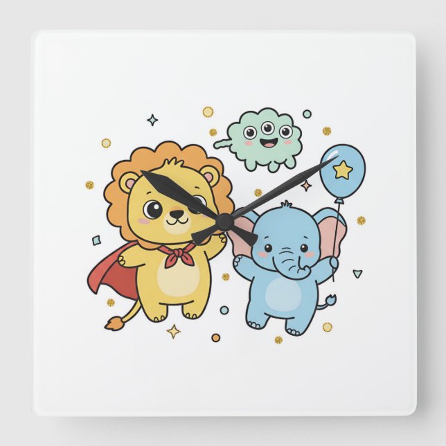 Cute Superhero Lion and Elephant Friends Cartoon Square Wall Clock (Front)