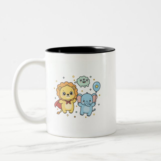 Cute Superhero Lion and Elephant Friends Cartoon Two-Tone Coffee Mug (Left)
