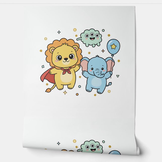 Cute Superhero Lion and Elephant Friends Cartoon Wallpaper (Unrolling)