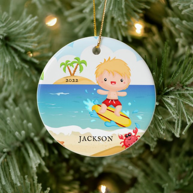 Cute Surfer Boy Personalised Christmas Ceramic Ornament (Tree)