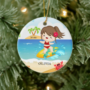 Cute Surfer Girl Personalised Christmas  Ceramic Ornament