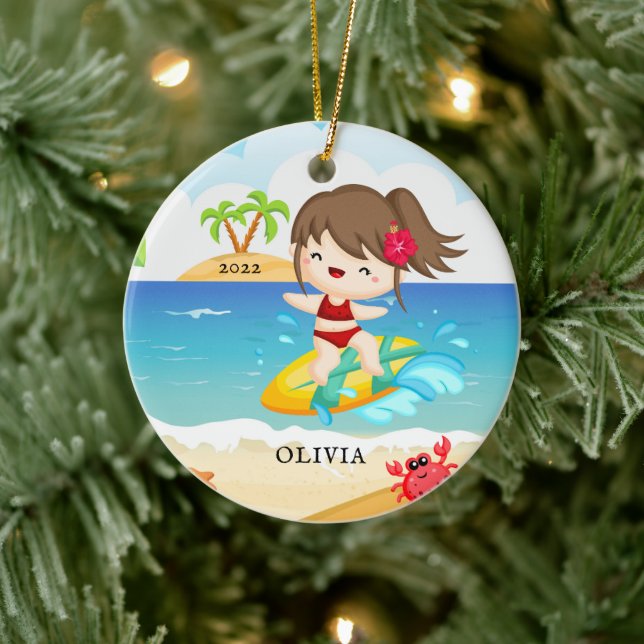 Cute Surfer Girl Personalised Christmas  Ceramic Ornament (Tree)