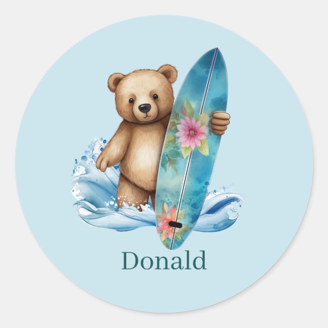 Cute surfing bear add name  classic round sticker (Front)