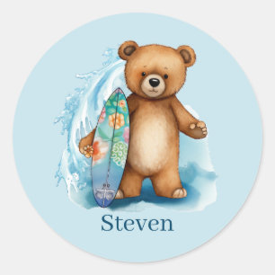 Cute surfing bear add name  classic round sticker