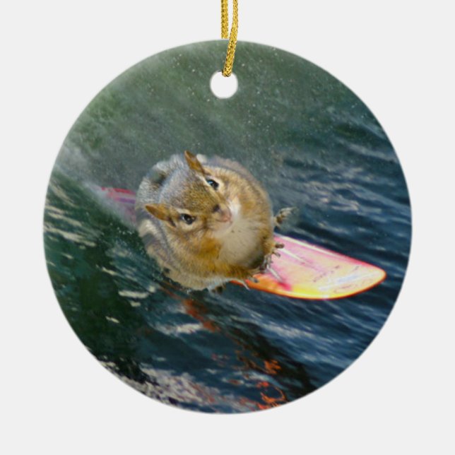 Cute Surfing Chipmunk Ceramic Tree Decoration (Front)