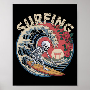 Cute Surfing Tsunami Skeleton Dia De Los Muertos D Poster