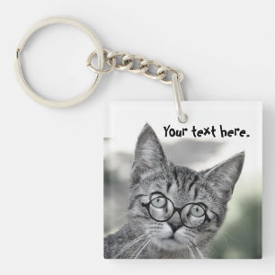 Cute Surprised Cat with Glasses Keychain