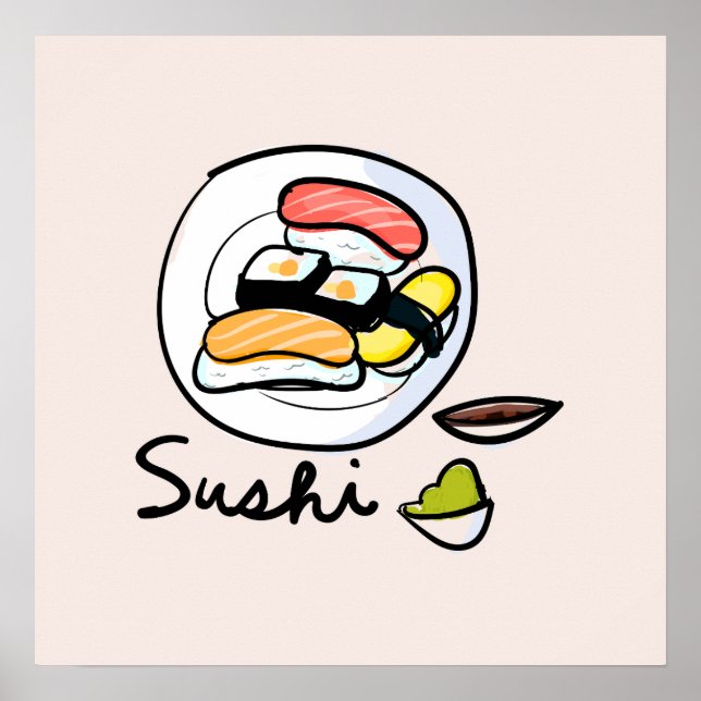 Cute sushi cartoon kawaii food art poster (Front)