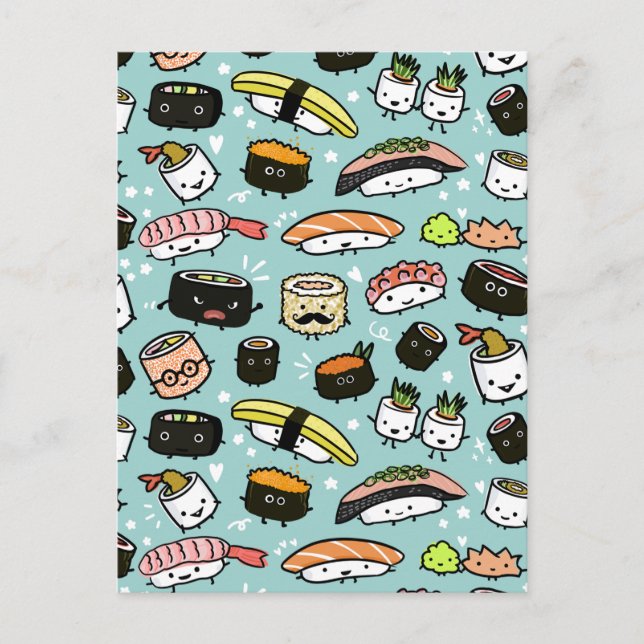 Cute Sushi Characters | Kawaii Sushi Patterned Postcard (Front)