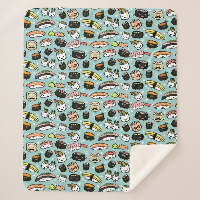 Cute Sushi Characters | Kawaii Sushi Patterned Sherpa Blanket (Front)