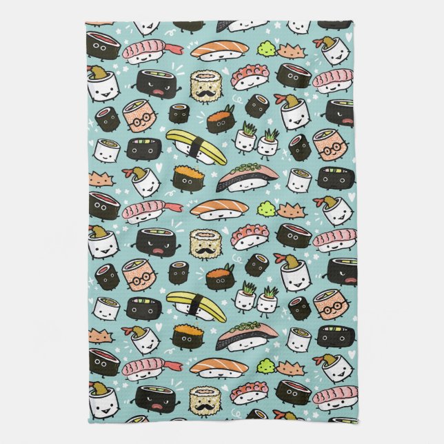 Cute Sushi Characters | Kawaii Sushi Patterned Tea Towel (Vertical)